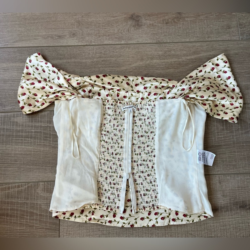 Reformation Madison Top - Silk Cream w/Floral Print Off Shoulder - Picture 9 of 16